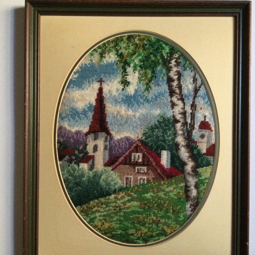 Beautiful needlework yarn art cross stitch embroidery picture church wood frame